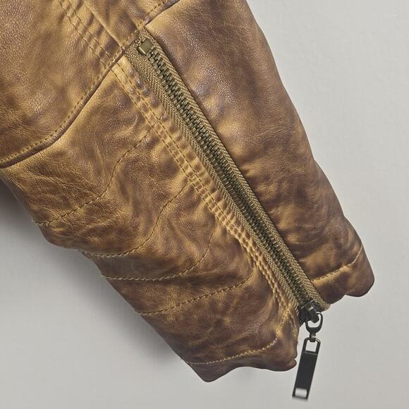 THRASHED J2 Camel Brown Faux Leather Jacket Crop LARGE Moto Steampunk Grunge Y2K - Picture 5 of 10